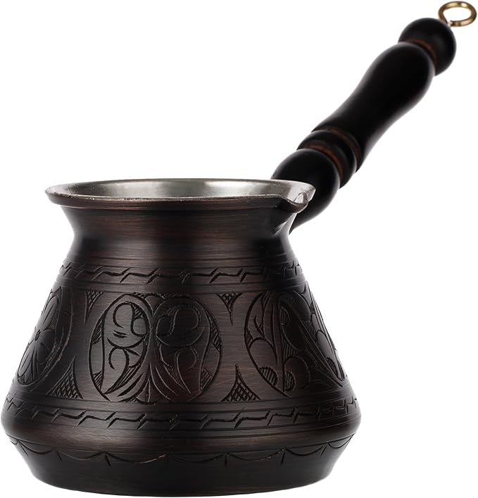 DEMMEX 15 Oz Thickest Copper Turkish Greek Arabic Coffee Pot Stovetop Coffee Maker Cezve Ibrik Briki with Wooden Handle &amp Spoon Hand Engraved (Antique Copper 6 Servings)