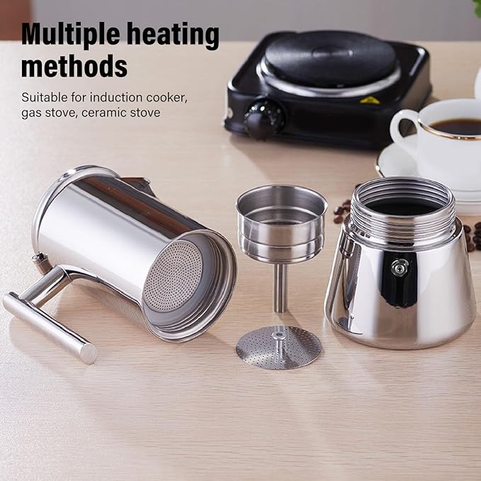 ANGGREK Stovetop Coffee Maker 6 Cup Italian Coffee Pot 304 Stainless Steel Induction Compatible for Home Party Gathering and Camping