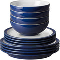 Denby - Elements Dark Blue Dinner Set For 4-12 Piece Simple Ceramic Stoneware Tableware Set - Dishwasher Microwave Oven Safe - Scratch Chip Resistant