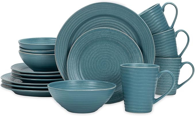 Elanze Designs Charming Chic Ribbed Modern Thrown Pottery Look Ceramic Stoneware Plate Platter Mug &amp Bowl Kitchen Dish Dinnerware 16 Piece Set - Service for 4 Turquoise