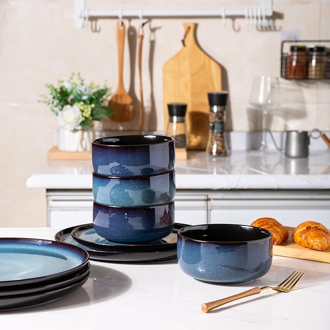 Ceramic Dinnerware Sets of 6Poreclain Plates and Bowls SetsHandmade Reactive Glaze Dishes SetChip Resistant and Scratch Resistant | Oven&ampDishwasher &amp Microwave Safe-BLUE (30PCS)