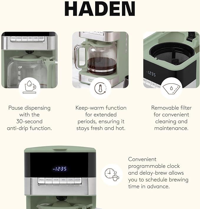 Haden Coffee Machine 12-Cup Programmable Drip Coffee Maker with Auto Shut-Off Function and Reusable Washable Water Filter Green &amp Chrome