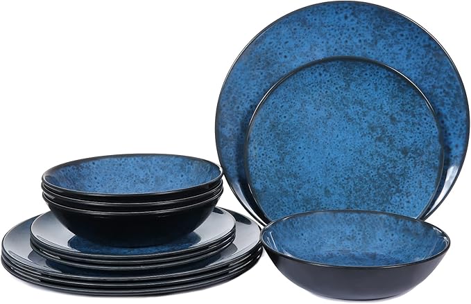 Melamine Dinnerware Sets for 4 Dinner Plates Bowls Set Unbreakable Melamine Classic Blue Dinnerware Dishwasher Safe Tableware Sets for Everyday Use 12 Pcs