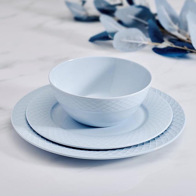Mikasa Trellis Pastel Bone China Lightweight Chip Resistant 12 Piece Dinnerware Set Service for 4 Misty Blue