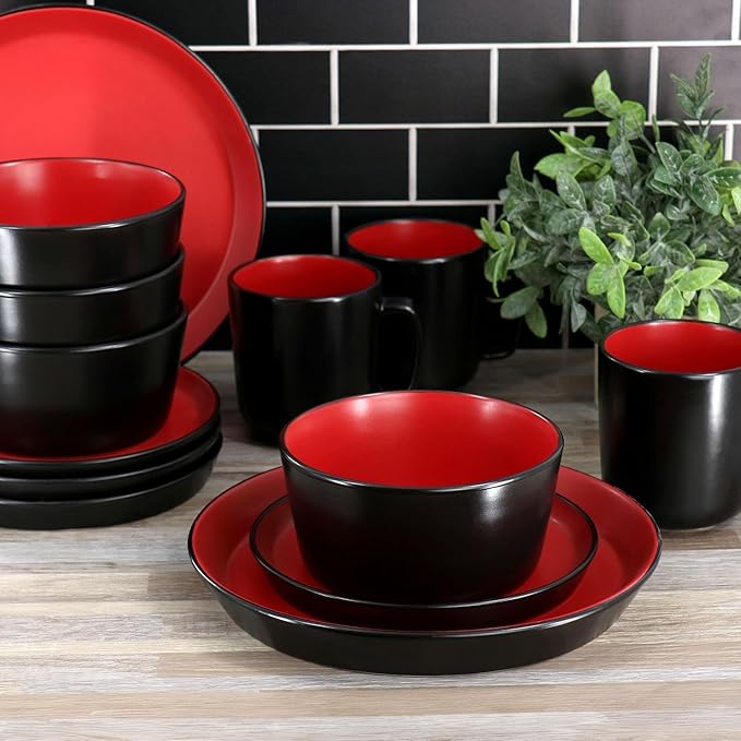 16 Piece Stoneware Dinnerware Set – Two-Tone Plates Bowls &amp Mugs for 4 Modern Matte Finish Microwave &amp Dishwasher Safe (Red)