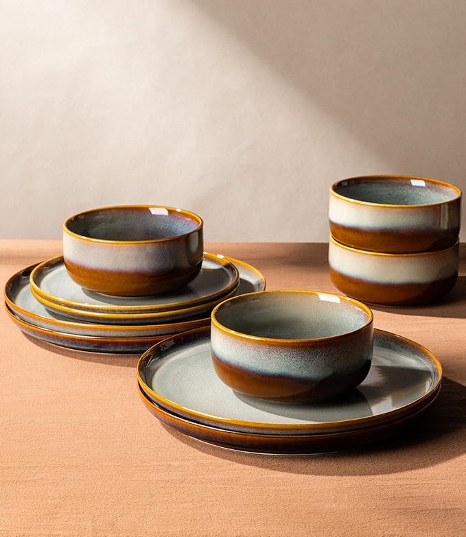 TheTerra Ceramic Dinnerware Sets for 4 12 Pieces Handmade Reactive Glaze Plates and Bowls Set Scratch Resistant Dish Set Oven &amp Microwave &amp Dishwasher Safe Dusk Blue