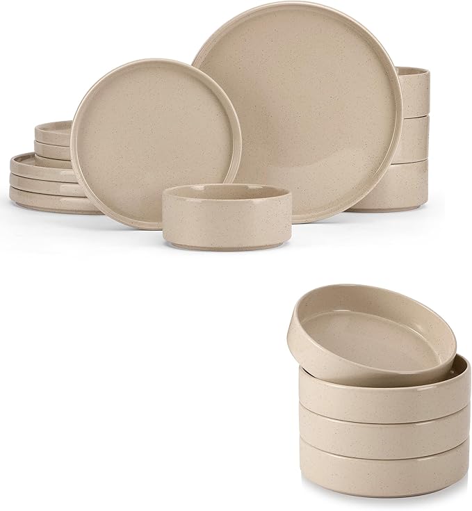 E-far Stoneware Dinnerware Sets with Pasta Bowls Set of 4 Bundle 12PCS Plates and Bowls Dish 35oz Ceramic Large Salad Bowl Plates for Serving Soup Dinner Microwave &amp Dishwasher Safe Speckled K