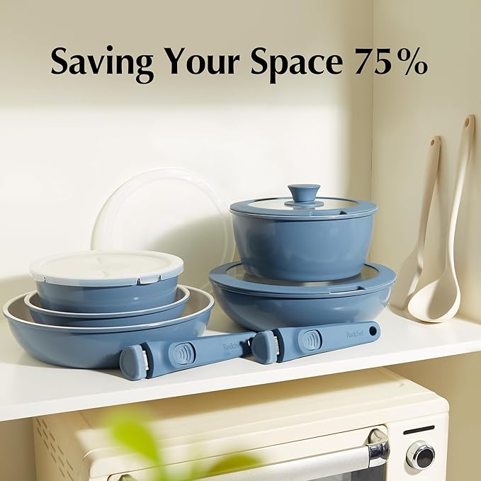 Redchef 17pcs Ceramic Pots and Pans Set Non Stick Nonstick Kitchen Cookware Set with Detachable Handle Non Toxic PFAS PFOA &amp PTFE Free RV Ceramic Cookware Set for Camping Dishwasher/Oven Saf