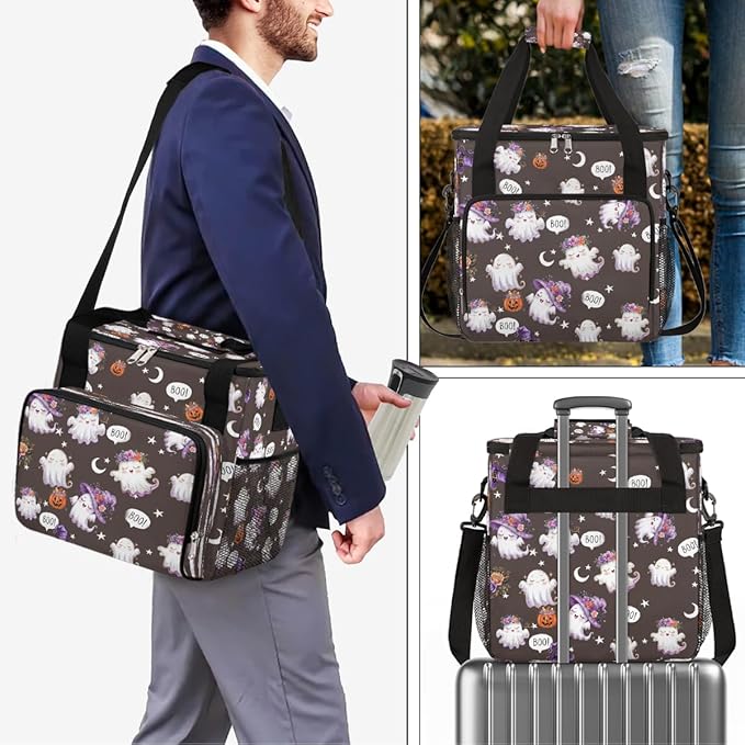 Halloween Flower White Ghost Coffee Maker Carring Bag Travel Carrying Storage Tote Bag Compatible with Keurig K-Mini or K-Mini Plus Portable Single Serve Coffee Brewer Case with Pockets