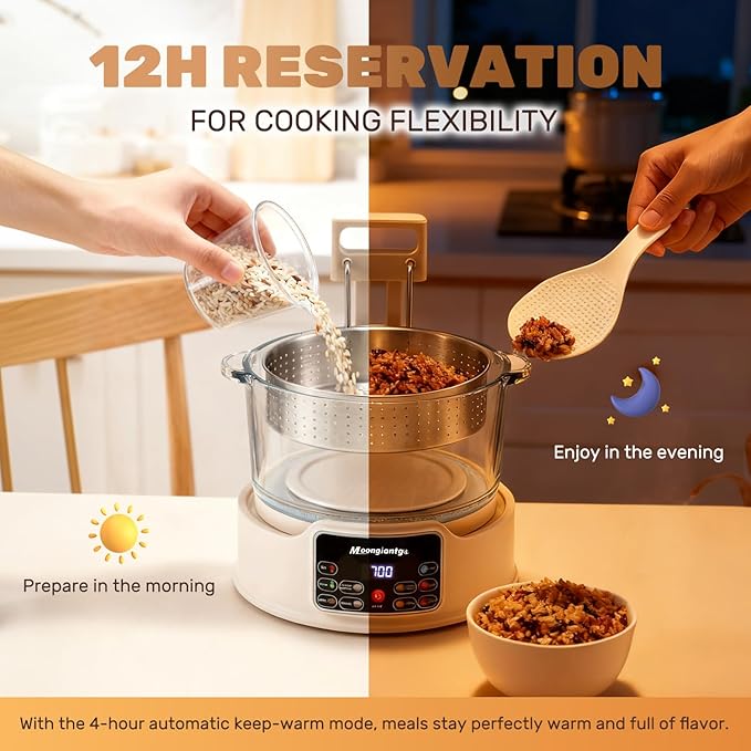Moongiantgo Low Carb Rice Cooker 3L with Auto Lift Filter Basket Glass Pot Healthy Low Sugar Rice Maker 700W Digital Touch Control 12H Timer &amp Keep Warm Steamer for Porridge Soup Oats Grain