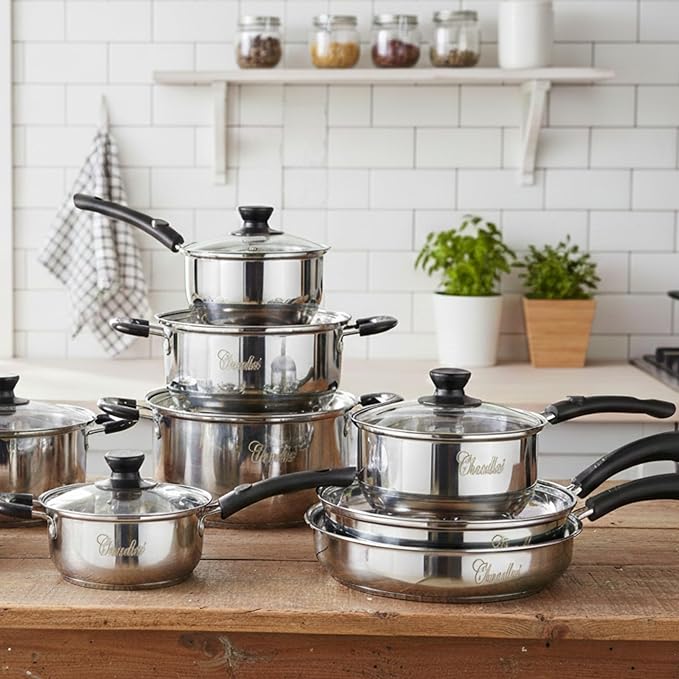 Chandler Stainless Steel Cookware Set 13-piece Pots and Pans with Tempered Glass Lid - Cooking Set with Deep Pans Saucepans &amp Pots Compatible for Family Meals (13-Pieces Stainless Steel)
