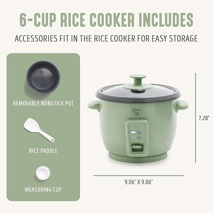 GreenLife Rice Cooker with Removable PFAS-Free Ceramic Nonstick Pot 3-Cups Uncooked/6-Cups Cooked Grains &amp Oatmeal Multicooker Compact One-Switch Design Auto Keep Warm Easy Clean Sage Green