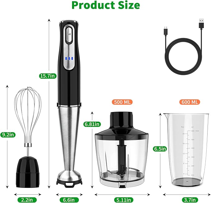 Cordless Immersion Blender Handheld Rechargeable 4 In 1 Electric Hand Blender Stick Blender Variable Speed with Chopper Beaker Whisk Stainless Steel Blade for Soup Baby Food Smoothies