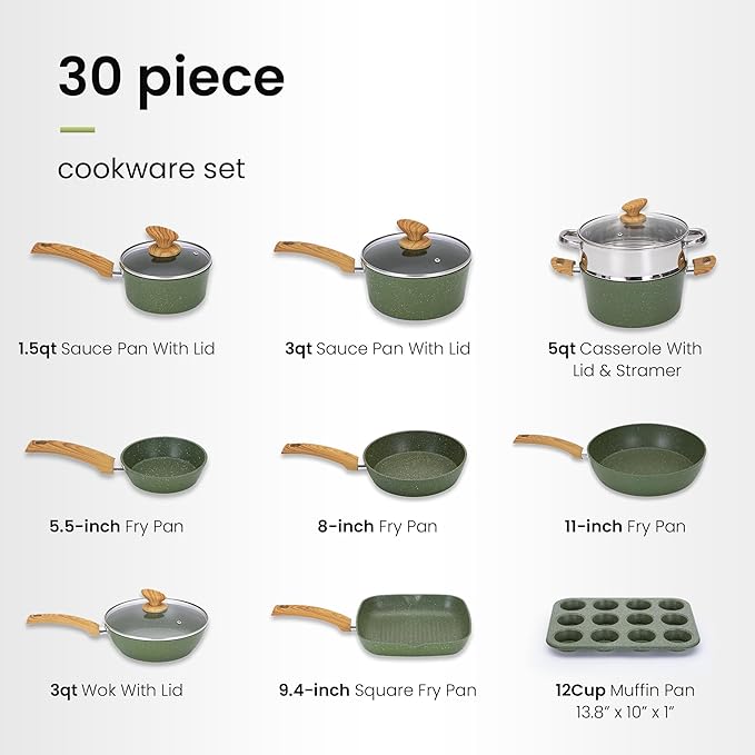 30 Piece Pots and Pans Set Non Stick Granite Induction Cookware Sets Nonstick Kitchen Cookware Sets Non Toxic Cookware Set with Frying Pans and Saucepan Kitchen Pots and Pans Set Green