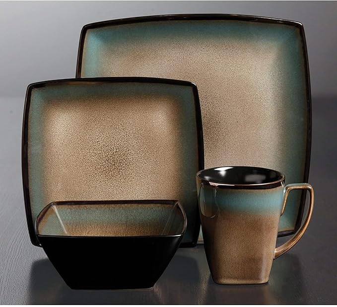 16 Piece Square Dinnerware Set Taupe Brown Solid Casual Stoneware Dishwasher Safe