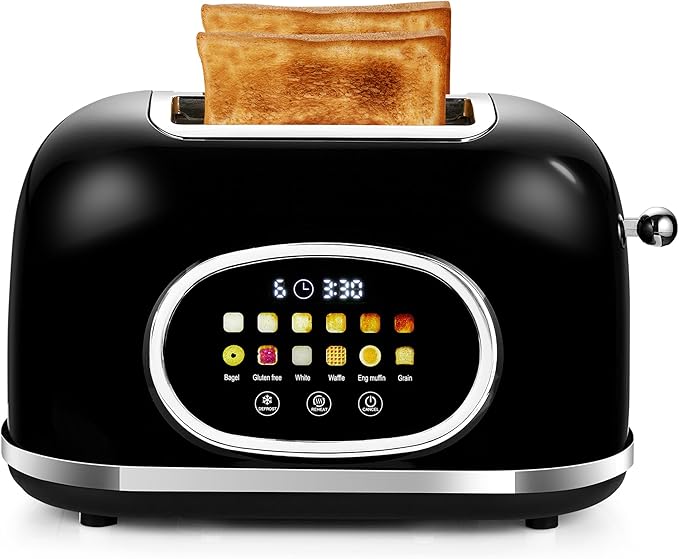 Roter Mond 2 Slice Toaster Smart Touch Screen Retro Stainless Steel Bread Toaster with Digital Timer Sleep Mode Bagel Cancel and Defrost Functions 6 Bread Types and Shade Settings Black