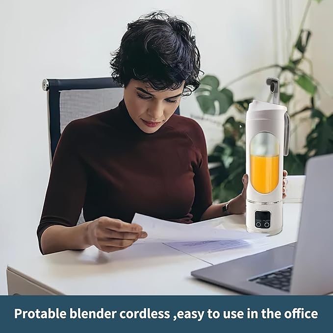 Portable blenderUSB-C rechargeablePersonal compact travel juicer cup15OZ for Shakes SmoothiesFresh juiceSelf-cleaningLeakproof lid Smart time display12 bladeswith strong blending White