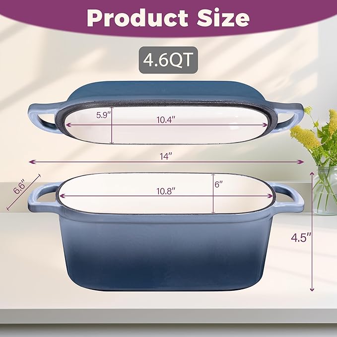 4.6-Quart Oval Dutch Oven for Bread Baking 2 in 1 Enameled Cast Iron Bread Pan with Lid Sourdough Bread Dutch Oven for a Crispy Crust Seasalt