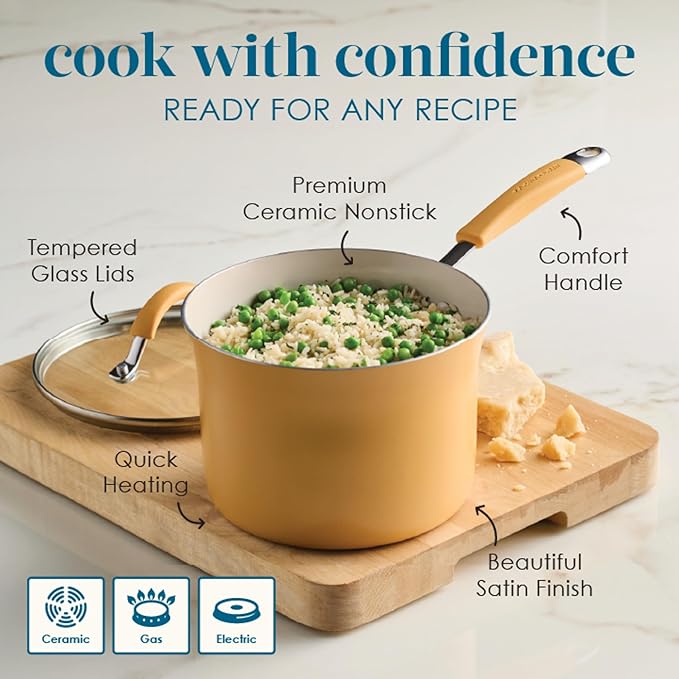 Rachael Ray Cucina Ceramic Cookware Set - 13 Pieces - Ceramic Pots and Pans Set w/Nonstick Frying Pans Saute Pan Saucepans Stockpot Lids Pan Protectors &amp Cooking Utensils - Turmeric