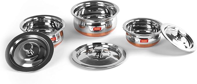 Sumeet Stainless Steel Copper Bottom 3 Pc Handi/Cookware/Serveware Pot Set with Lid 360ML 500ML 800ML (Silver)