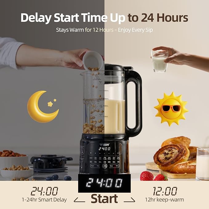 50OZ Nut Milk Maker Machine TER 10-in-1 Soy Milk Maker for Almond/Oat/Soy Milk Juice Milkshake Rice Paste Auto Clean/24H Preset Time/12H Keep Warm with 7 Accessories Black