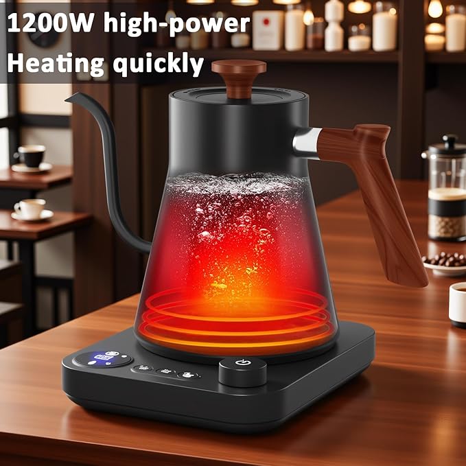 Gooseneck electric kettleAuto Boil Detection with Variable Temperature Control Stainless Steel Inner Ultra-Quiet 304 Stainless Steel1200W Quick Heating for Coffee Tea &amp Milk 0.9L(Black)