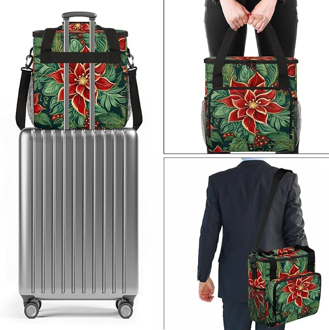 Holly Berry Flowers Coffee Maker Carrying Bag Xmas Flowers Travel Storage Bag Compatible with K-Mini or K-Mini Plus Single Serve Coffee Brewer Carrying Case with Multiple Pockets &amp Shoulder Stra