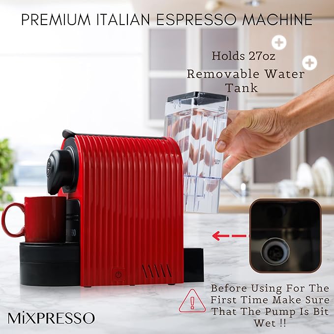 Mixpresso Red Espresso Coffee Machine – Compact 1400W Single Serve Coffee Maker Compatible with Nespresso OriginalLine Capsules One-Touch Operation 19-Bar Italian Pump 27oz Water Tank