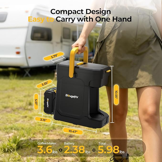 BougeRV Coffee Machine with 18V 8Ah Battery Powered Compatible with K Cup Coffee Pods &amp Ground Cordless Coffee Maker for Travel Camping Outdoor Worker Home