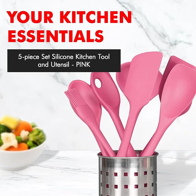 Chef Craft - Premium Silicone Kitchen Tools and Utensils Set Non-Scratch Withstands Temperatures up to 450°F BPA-Free 5 Piece Cooking Utensils Set Pink