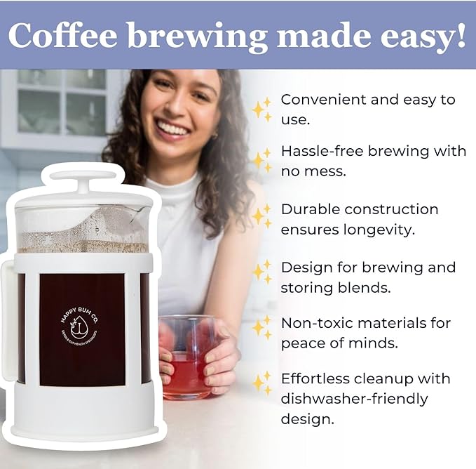 Happy Bum Coffee Plunger | 1 Liter(33.8oz) Glass French Press Stainless Steel Strainer | Easy to Use &amp Clean French Coffee Press Glass for Brewing and Storing Coffee Blend