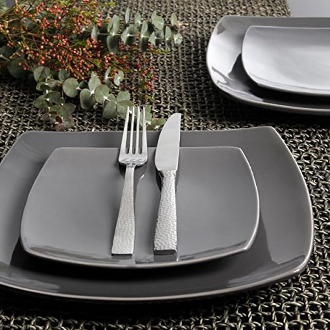 16-Piece Soho Lounge Square Gray Dinnerware Set – Modern Stoneware Dish Set for 4 – Reactive Glaze Finish – Microwave &amp Dishwasher Safe