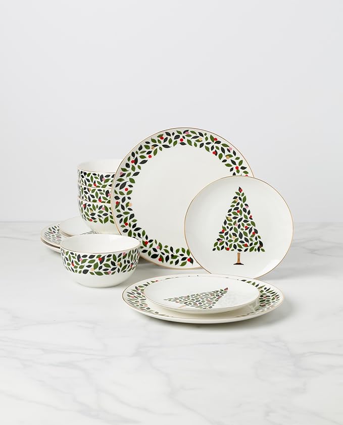 kate spade new york Evergreen 12-Piece Dinnerware Set 12 Count Ivory Christmas Dinnerware Set Holiday Hosting