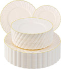 U-QE 100 Piece Ivory Scalloped Plastic Plates for Party with Gold Rim - Plastic Party Plates Disposable Heavy Duty - High End Disposable Plates Include 50pcs Dinner Plates 9&amp50pcs Dessert Plates