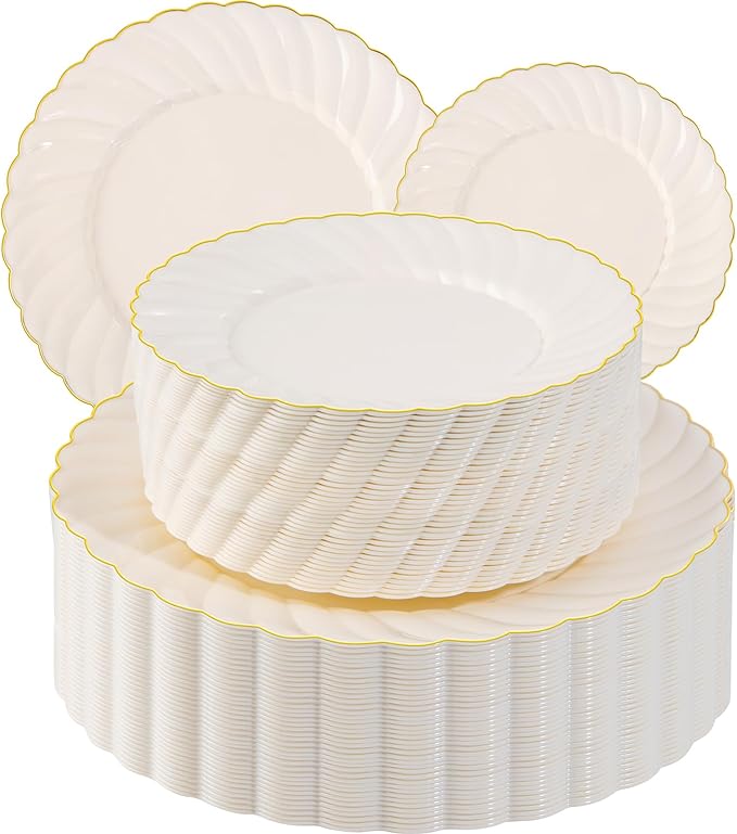 U-QE 100 Piece Ivory Scalloped Plastic Plates for Party with Gold Rim - Plastic Party Plates Disposable Heavy Duty - High End Disposable Plates Include 50pcs Dinner Plates 9&amp50pcs Dessert Plates