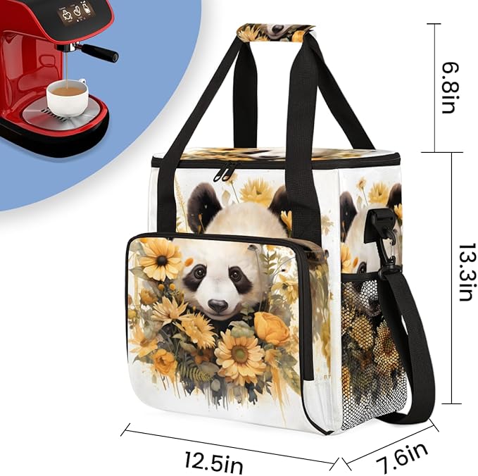 Cute Panda Coffee Maker Carrying Bag Sunflower Garland Travel Storage Bag Compatible with K-Mini or K-Mini Plus Single Serve Coffee Brewer Carrying Case with Multiple Pockets &amp Shoulder Strap