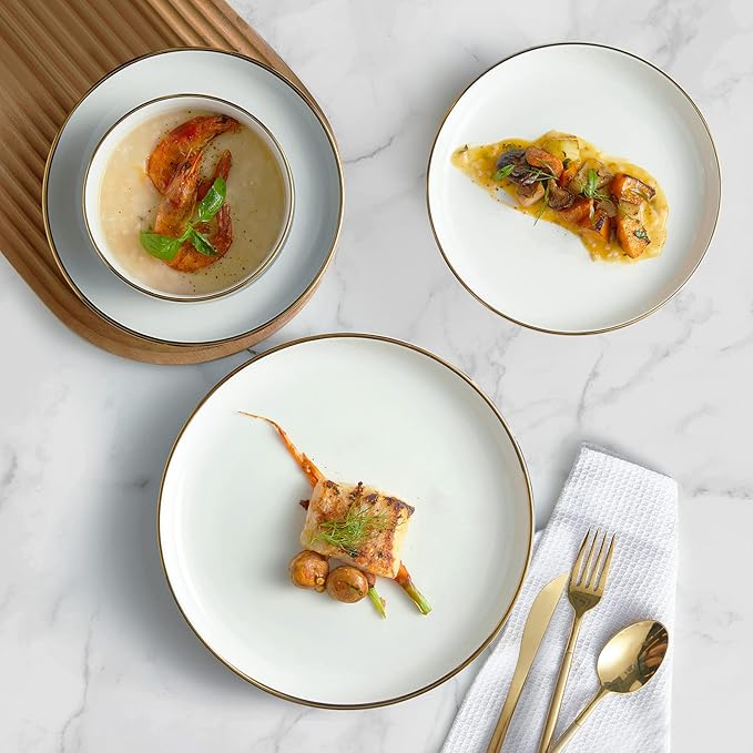 Porcelain Dinnerware Sets 12 Piece Luxury China Plates and Bowls Sets Green Dishes Set Gold Rim for Wedding Anniversary Birthday Modern Dinner Plates Set