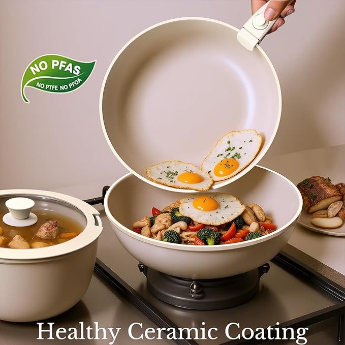 Pots and Pans Set Non Stick Ceramic Cookware Set Detachable Handle RV Camping Kitchen Cooking Set Removable Handles Dishwasher/Oven/Fridge Safe Induction Space SavingCream White