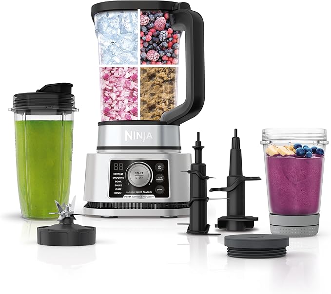 Ninja Blender For Kitchen | Food Processor Combo System | Smoothie Maker &amp Nutrient Extractor | 6 Functions for Bowls Spreads Dough Shakes | 72-oz. Pitcher &amp To-Go Cups | Silver | SS351