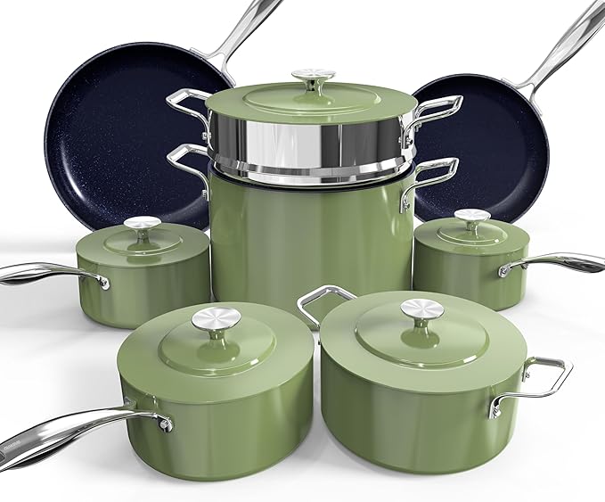 Nuwave Lux 13pc Forged Lightweight Cookware Set PFAS Free Healthy G10 Duralon Ceramic Coating Ultra Non-Stick Stay-Cool Handles Works on All Cooktops &amp Induction Ready