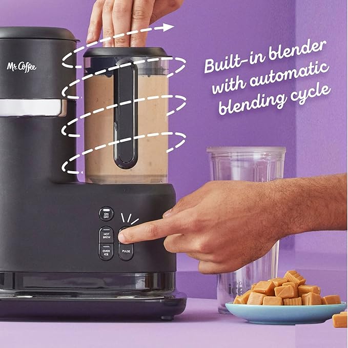 Mr. Coffee 3-in-1 Single-Serve Iced and Hot Coffee/Tea Maker with Blender with Reusable Filter Scoop Recipe Book 2 Tumblers Lids and Straws Black