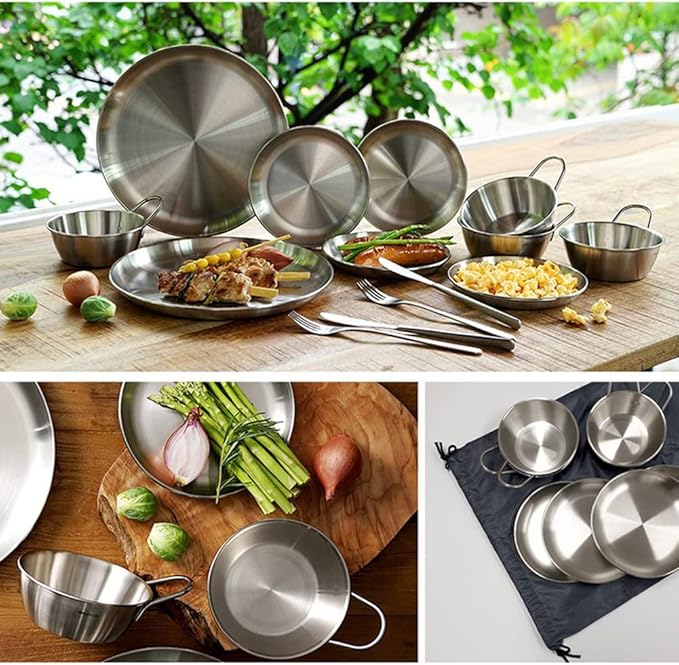 Outdoor Camping Dinnerware SetStainless Steel Plates and Bowls Camping Set 10PStainless 304 for Camping Hiking Beach Outdoor Use