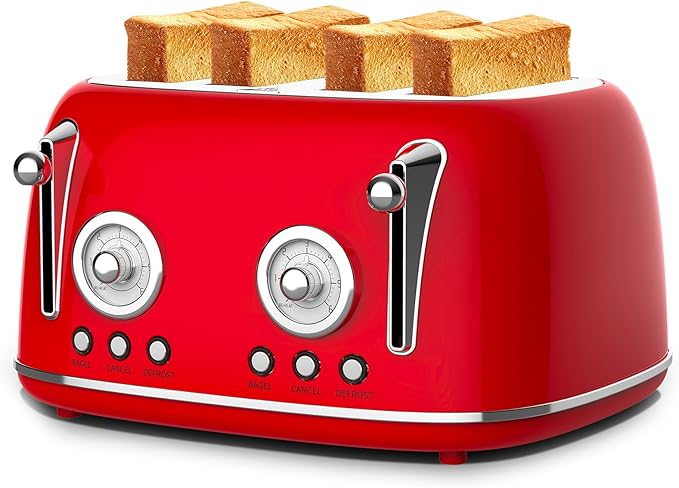Toaster 4 Slice Wide Slot Toaster Long Slot with Warming Rack 6 Browning Settings Bagel/Defrost Functions Removable Crumb Tray (Red)
