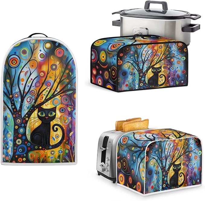 Modern Art Cat Slow Cooker Cover Toaster Covers Stand Mixer Cover Set of 3Black Cat 2 Slice Toaster Cover Stain Resistant Blender Cover for Home Kitchen Decor (Blue)