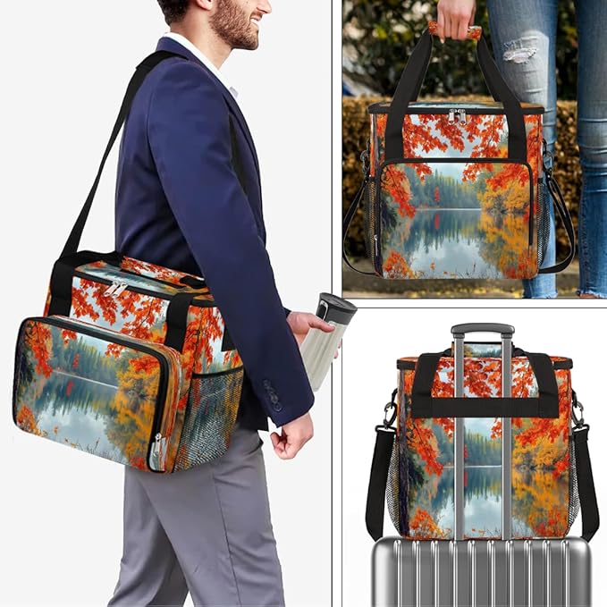 Maple Leaf Forest Lake Coffee Maker Carring Bag Travel Carrying Storage Tote Bag Compatible with Keurig K-Mini or K-Mini Plus Portable Single Serve Coffee Brewer Case with Pockets for K-cup Pods