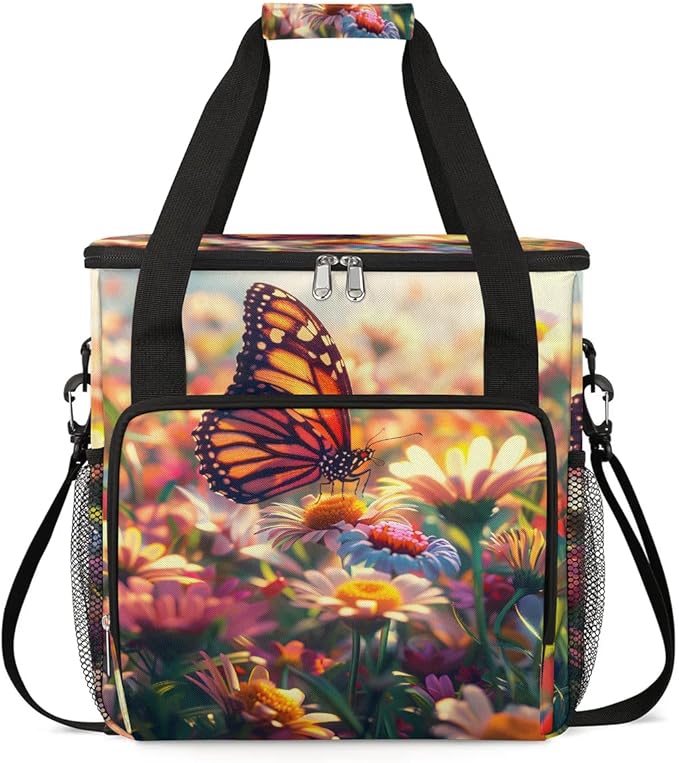 Sunshine Butterfly Colorful Flowers Leaves Coffee Maker Carring Bag Travel Tote Bag Compatible with Keurig K-Mini or K-Mini Plus Portable Single Serve Coffee Brewer Case with Pockets for K-cup Pods