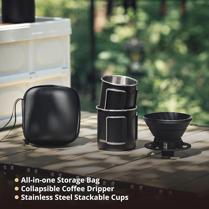 Portable Pour Over Coffee Maker Set Collapsible Silicone Coffee Dripper Set Perfect for Travel Camping Home (BLACK CUP 2CUP)