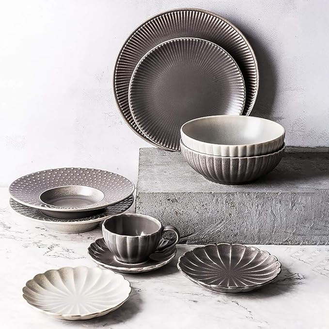 Ceramics Dinner SetsCereals Bowl &amp Coffee Cup and Saucer &amp Plate 23 Pieces Vintage Relief Porcelain Dinnerware Set for Wedding Gifts and Restaurant