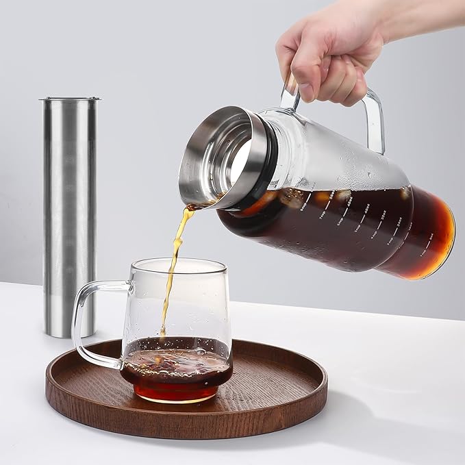 Aquach 68oz Cold Brew Coffee Tea Maker Glass Pitcher &amp Stainless Steel Filter Dishwasher Safe Iced Coffee Tea Maker with Airtight Lid and Large Handle