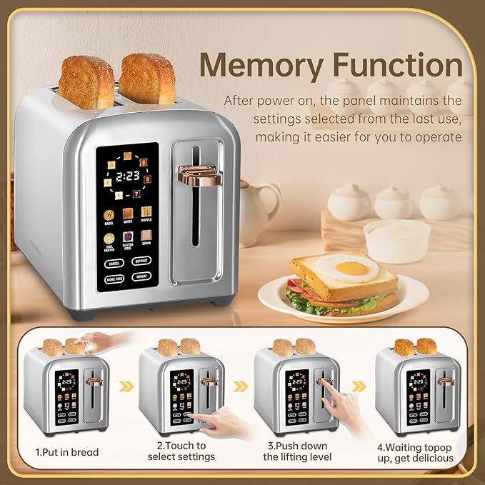 SEEDEEM Toaster 2 Slice Full Touch Control Stainless Toaster LCD Display 50% Faster Heating Speed 6 Bread Type 7 Shade Setting 1.5''Wide Slots Removable Crumb Tray 1350W Silver Metallic